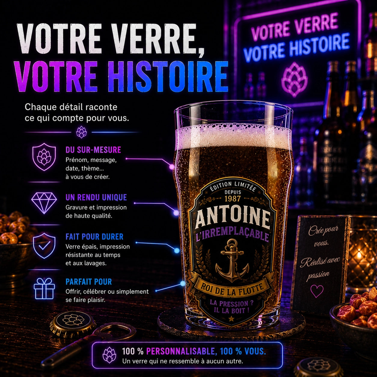 Verre à Bière Personnalisé — Blason & Badge Brasserie sur Mesure
