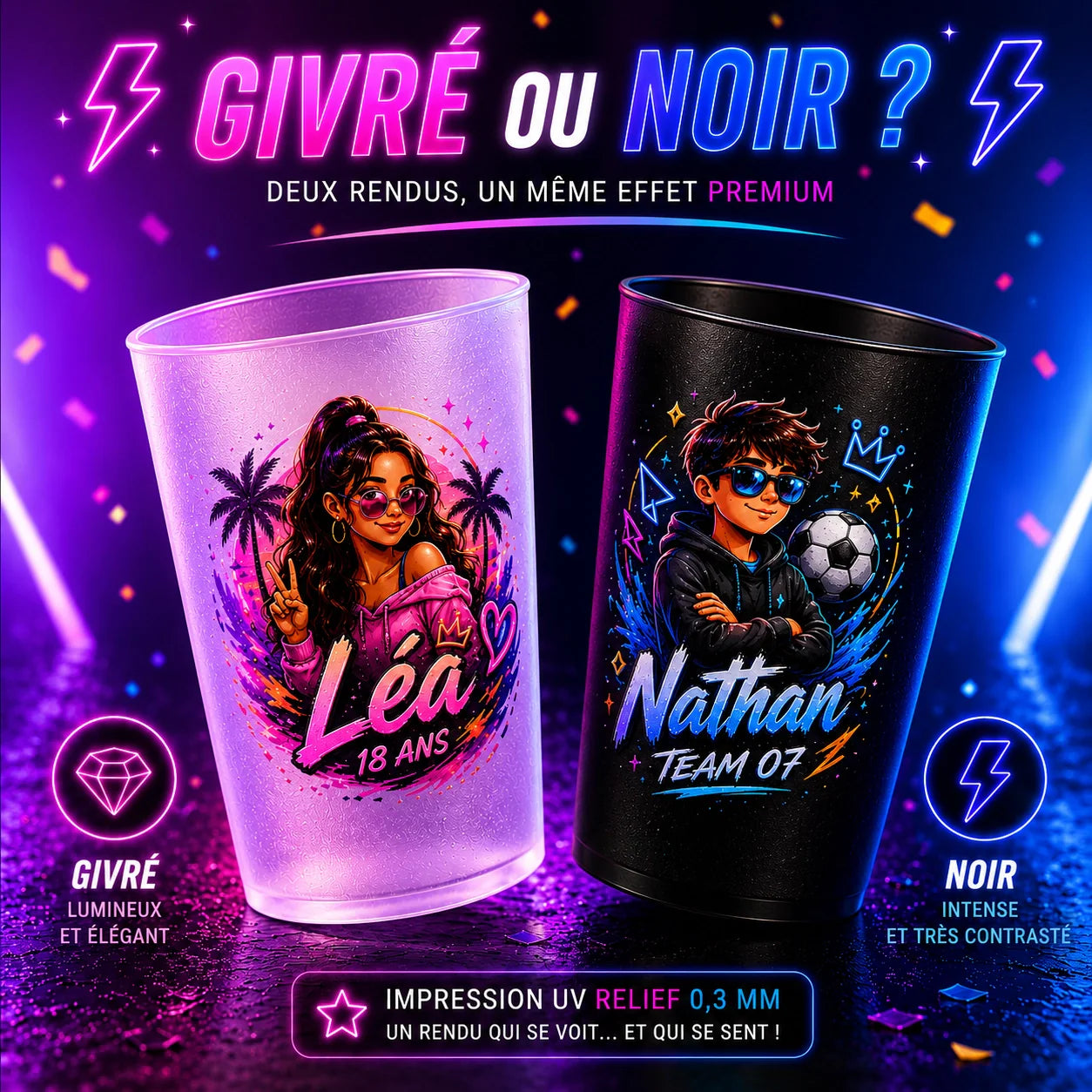 Écocup personnalisé — impression UV couleur & effet relief