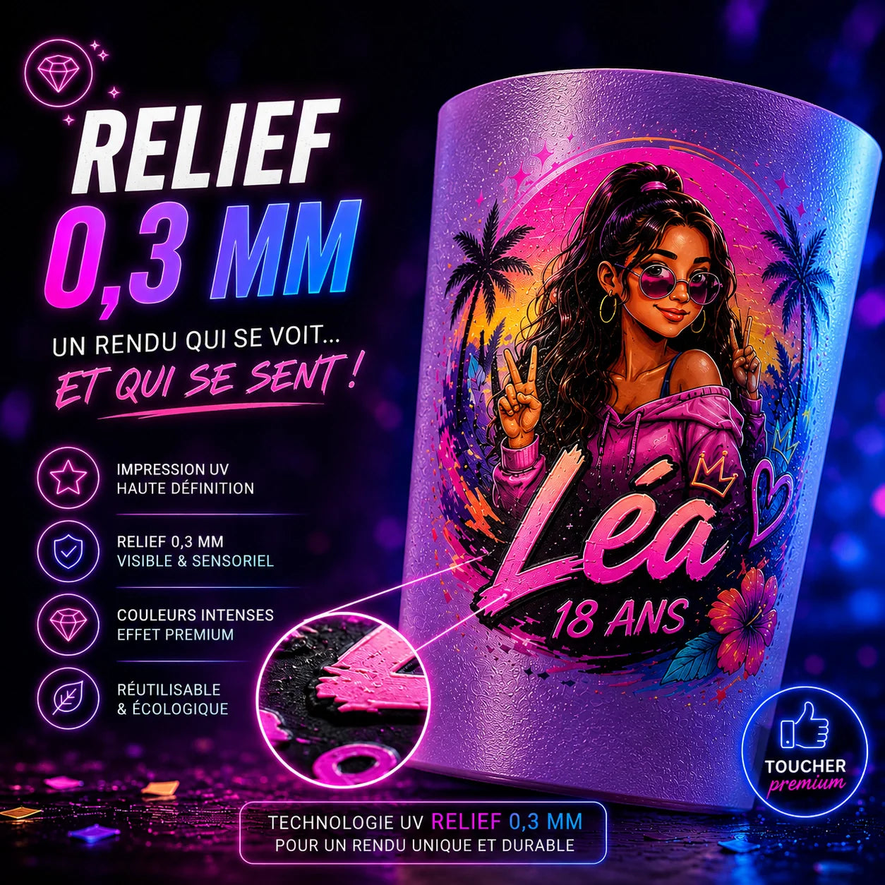 Écocup personnalisé — impression UV couleur & effet relief