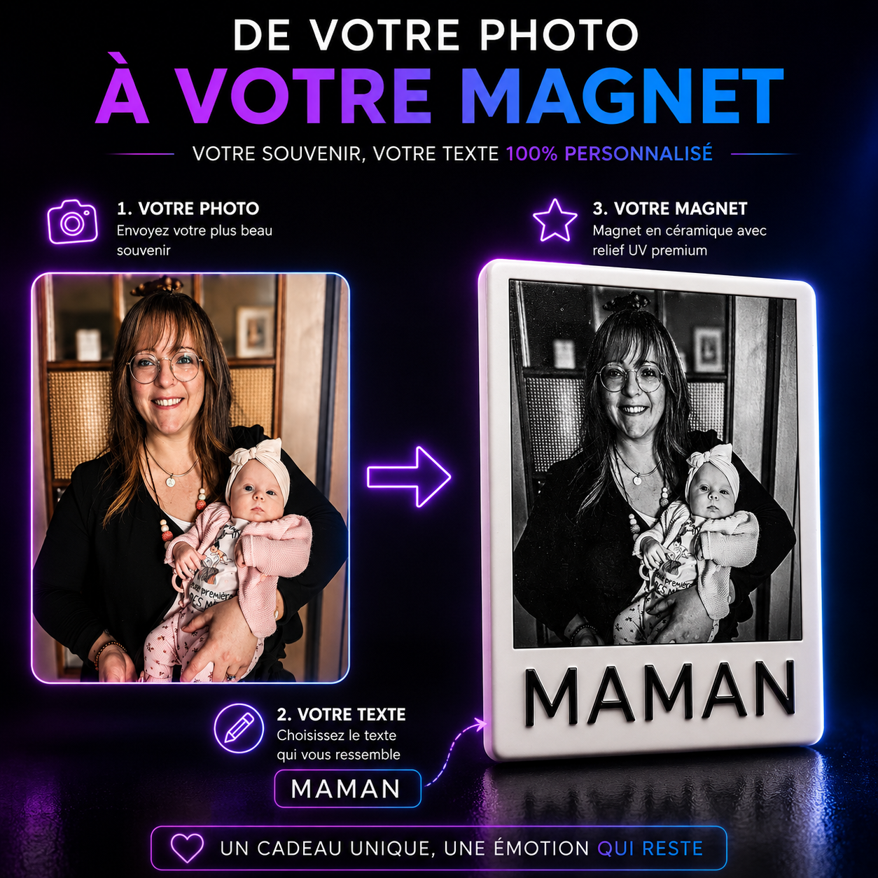 Magnet Photo Noir & Blanc - Texte Personnalisé en Relief