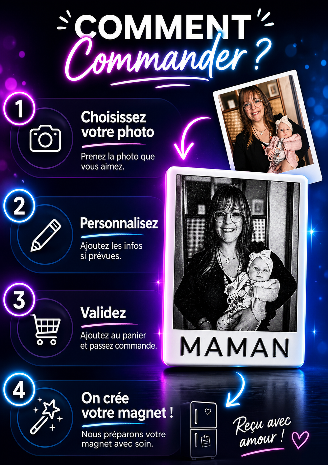 Magnet Photo Noir & Blanc - Texte Personnalisé en Relief