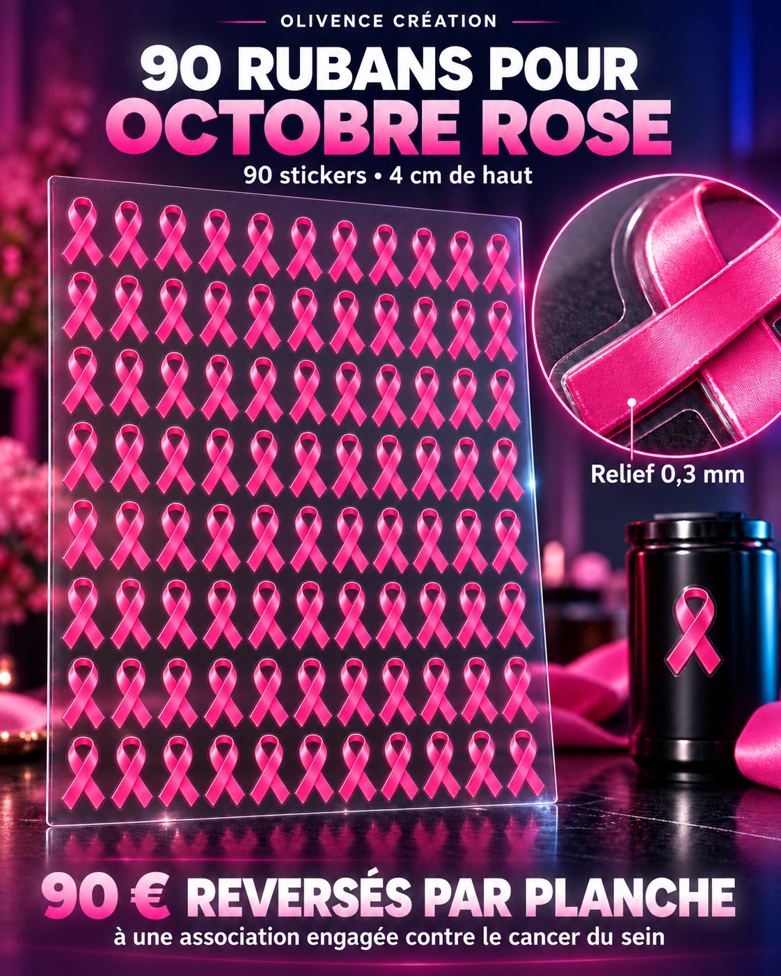 Planche 90 stickers ruban rose – Octobre Rose