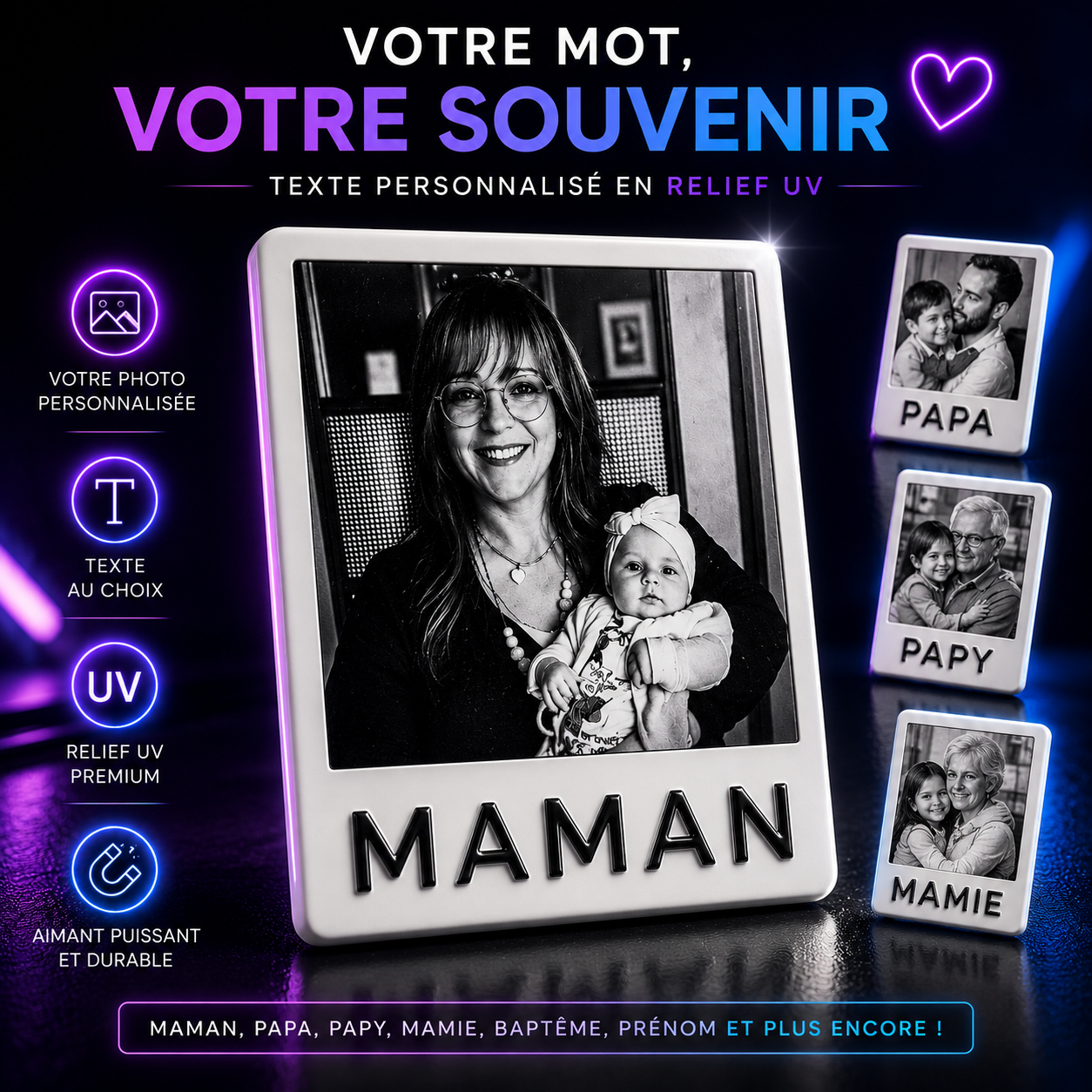 Magnet Photo Noir & Blanc - Texte Personnalisé en Relief