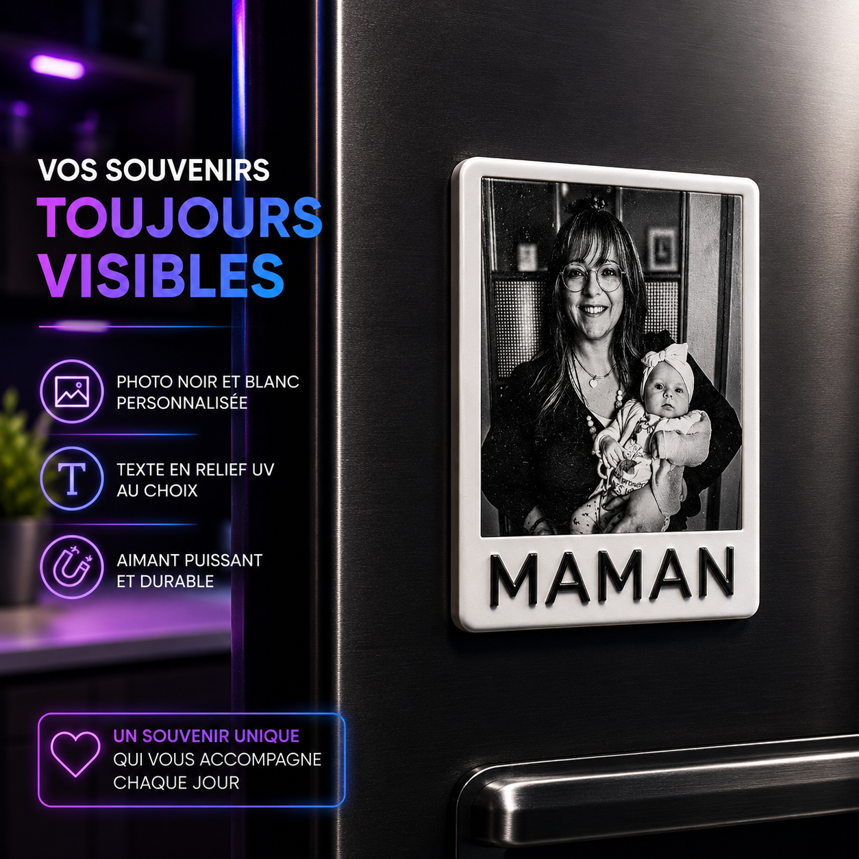 Magnet Photo Noir & Blanc - Texte Personnalisé en Relief