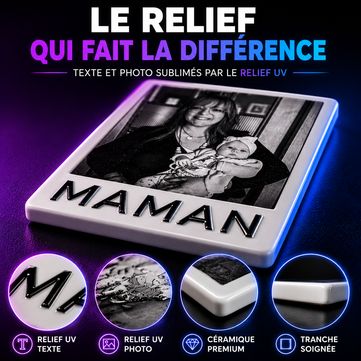 Magnet Photo Noir & Blanc - Texte Personnalisé en Relief
