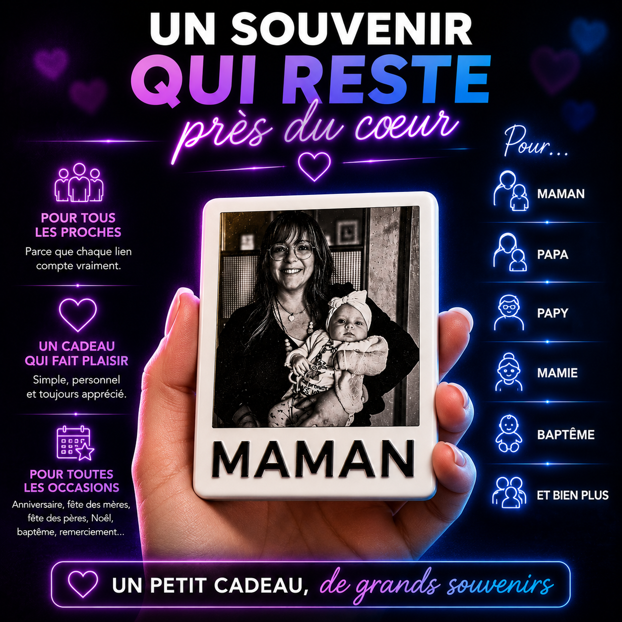 Magnet Photo Noir & Blanc - Texte Personnalisé en Relief