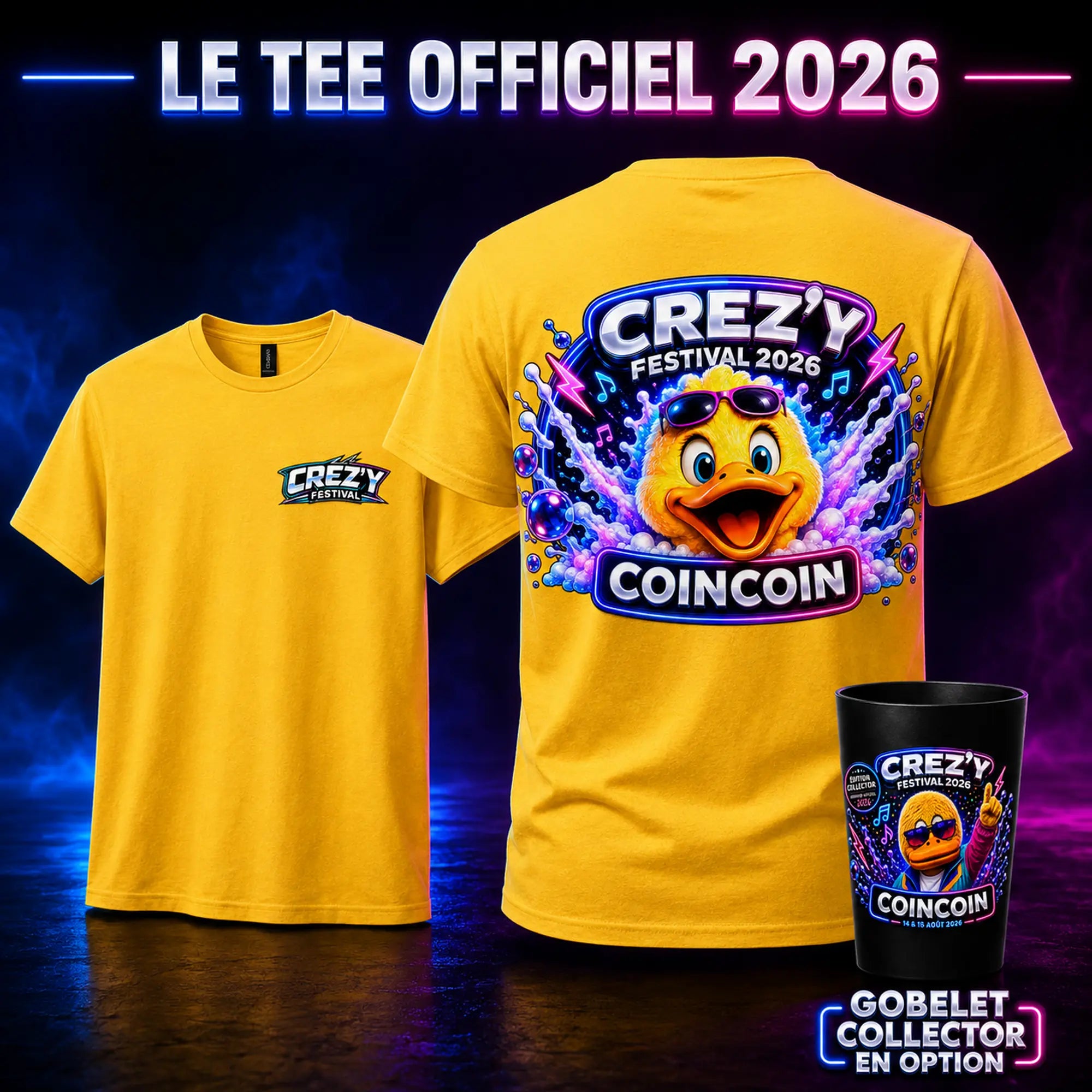 Tee Crez'y Festival 2026, logo cœur et dos Coincoin, coupes Homme Femme Enfant