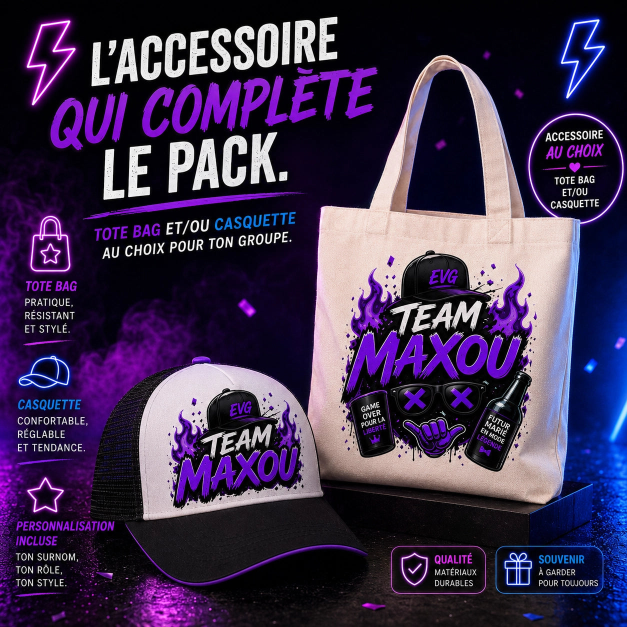 Accessoire du pack EVG au choix : tote bag ou casquette personnalisée [EVG]