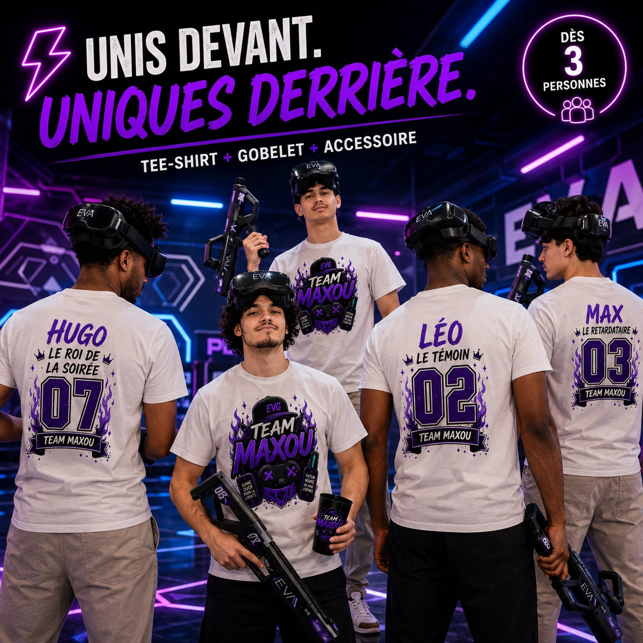 Groupe en tee-shirts EVG personnalisés, surnom et rôle dans le dos façon maillot [EVG]