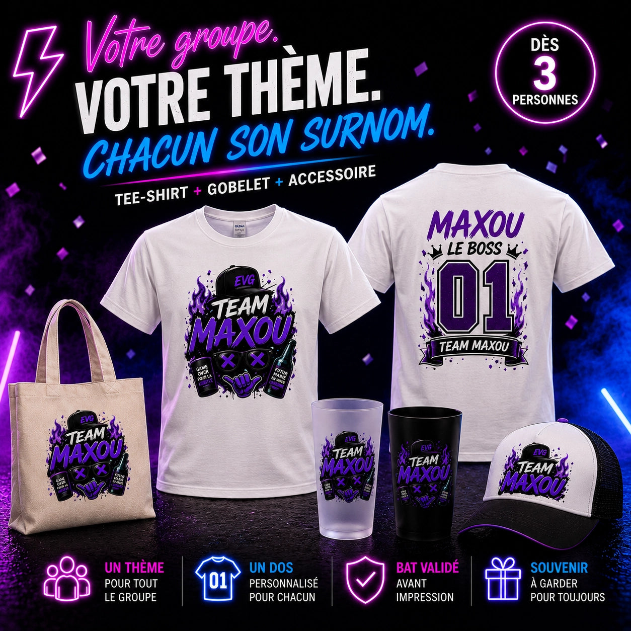 Pack EVG personnalisé : tee-shirt, gobelet et accessoire pour tout le groupe [EVG]
