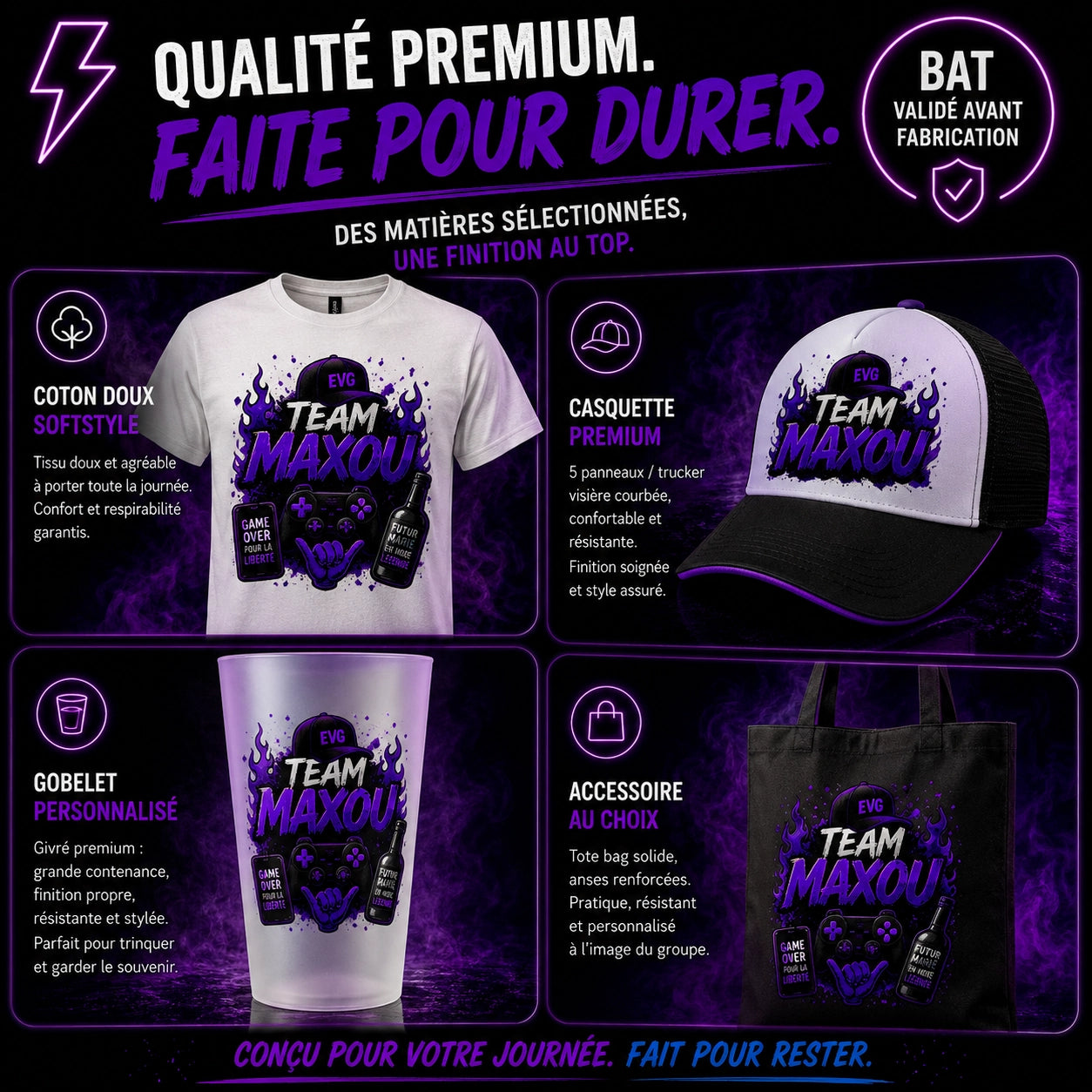 Qualité premium du pack EVG : coton Softstyle, gobelet, casquette et tote bag [EVG]