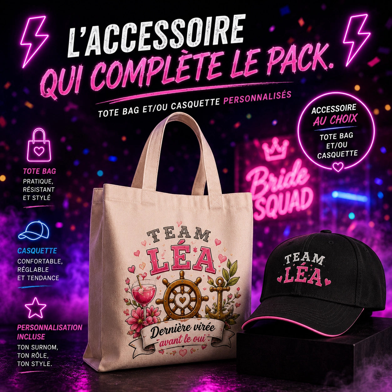 Accessoire du pack EVJF au choix : tote bag ou casquette personnalisée [EVJF]