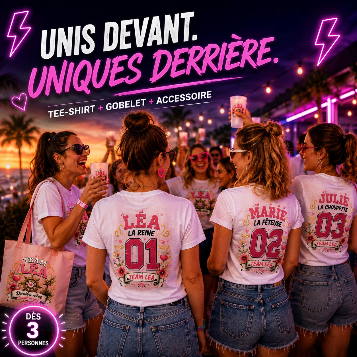 Groupe en tee-shirts EVJF personnalisés, surnom et rôle dans le dos façon maillot [EVJF]