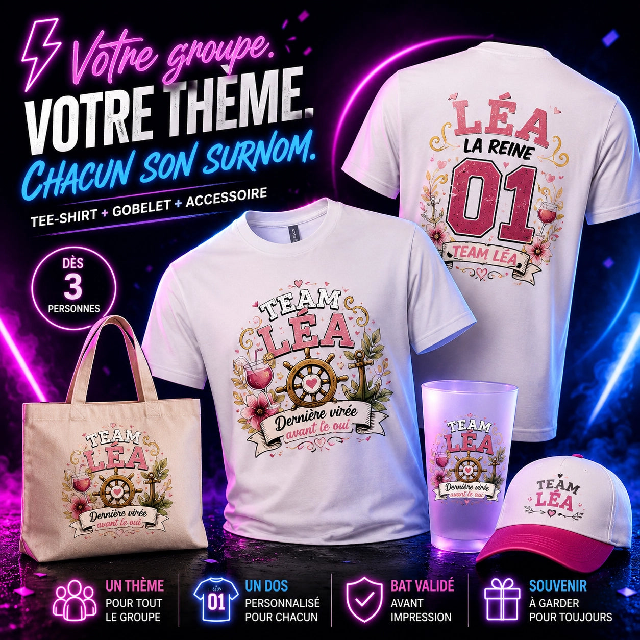 Pack EVJF personnalisé : tee-shirt, gobelet et accessoire pour tout le groupe [EVJF]