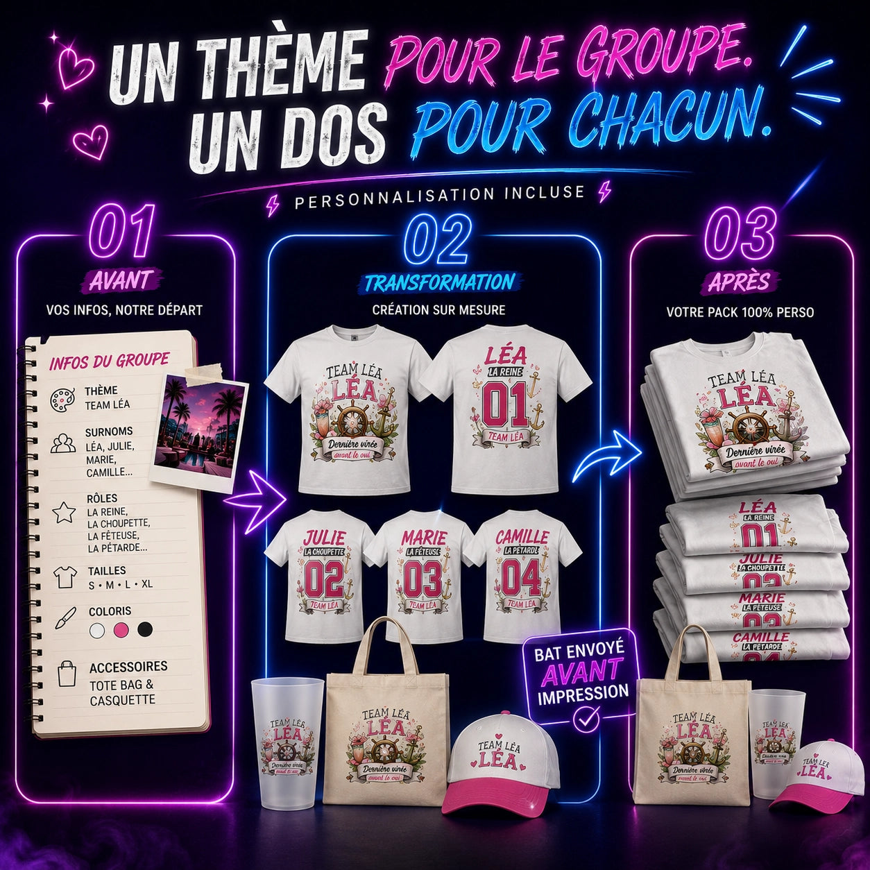 Personnalisation du pack EVJF : un thème devant, un dos unique par personne [EVJF]