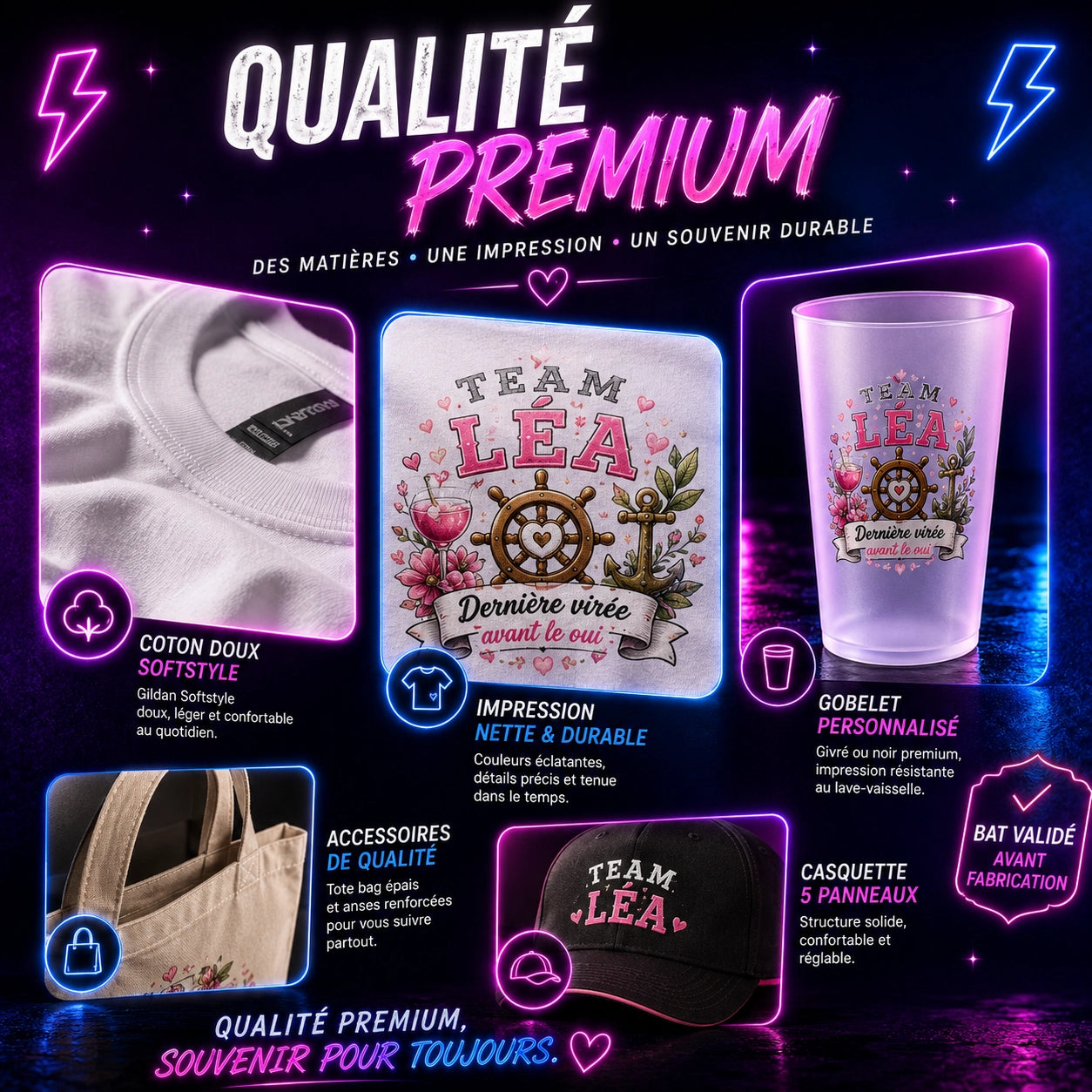 Qualité premium du pack EVJF : coton Softstyle, gobelet, casquette et tote bag [EVJF]